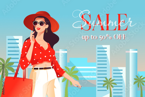 Vector bright banner with a young sexy woman in fashionable clothes with packages in her hands. Concept of summer sale, seasonal discounts and promotions.
