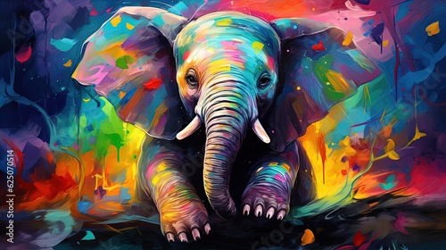 Fotografia painting style illustration, happy baby elephant with color splash, Generative A