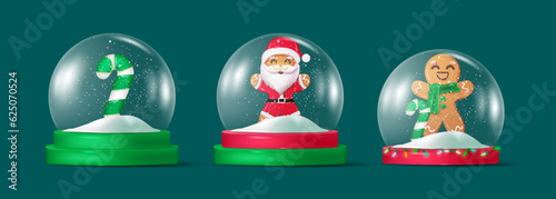 Christmas snow globe vector set design. Christmas crystal glass dome with santa claus, ginger bread and candy cane for magical decoration. Vector illustration 