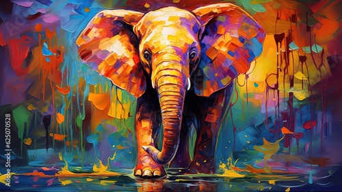painting style illustration, happy baby elephant with color splash, Generative Ai