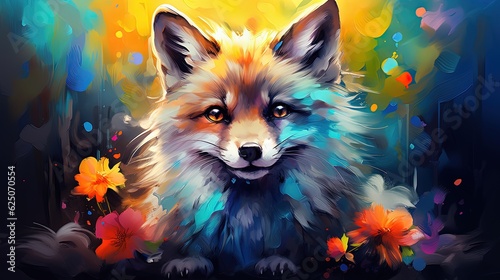 painting style illustration, happy baby fox with color splash, Generative Ai