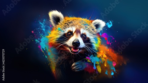 painting style illustration, happy baby raccoon with color splash, Generative Ai © QuietWord