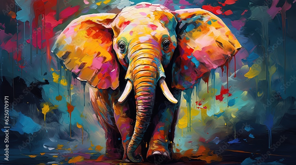 Obraz premium painting style illustration, happy baby elephant with color splash, Generative Ai