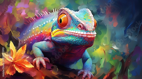 painting style illustration  happy baby iguana with color splash  Generative Ai