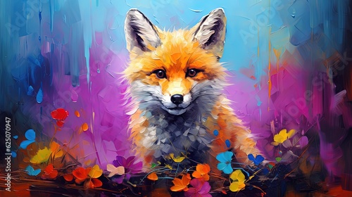 painting style illustration, happy baby foxy with color splash, Generative Ai