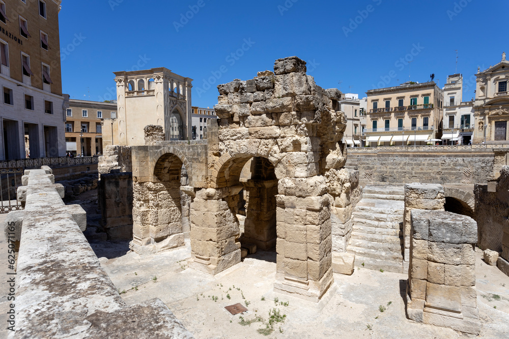 LECCE, ITALY, JULY 12, 2022 - The Roman amphitheater in the center city of Lecce, Puglia, Italy