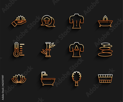 Set line Lotus flower, Bathtub, Sauna broom, bucket, Bamboo, Stack hot stones and Massage with aroma oils icon. Vector
