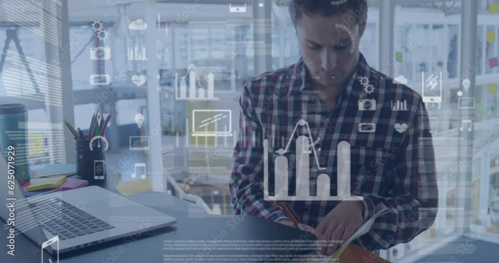 Animation of statistics and data processing over caucasian businessman in office Animation of statistics and data processing over caucasian businessman in office