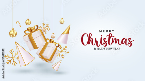 Merry christmas vector design. Christmas greeting card with gifts, pine tree, snowflakes and hanging balls in gold elegant color. Vector illustration holiday season background.