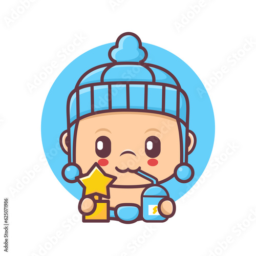 cute baby cartoon with medals and energy drinks