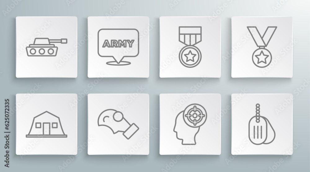 Set line Military barracks, army, Gas mask, Target sport, dog tag, reward medal, and tank icon. Vector Set line Military barracks, army, Gas mask, Target sport, dog tag, reward medal, and tank icon. Vector