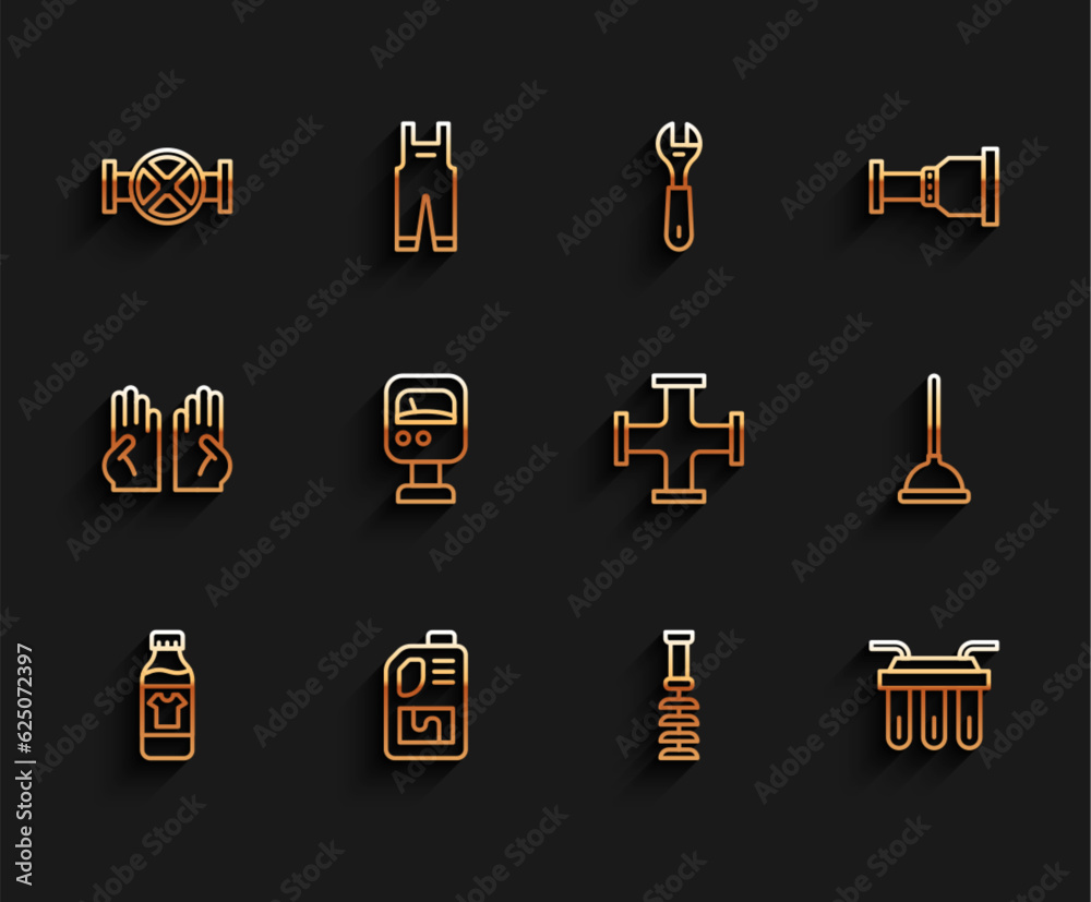 Set line Bottle for cleaning agent, Drain cleaner bottle, Industry pipe and valve, Toilet brush, Water filter, Pressure water meter, Rubber plunger and metallic icon. Vector Set line Bottle for cleaning agent, Drain cleaner bottle, Industry pipe and valve, Toilet brush, Water filter, Pressure water meter, Rubber plunger and metallic icon. Vector