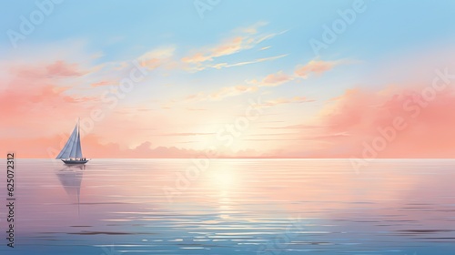painting style illustration, sail boat with gradient pastel sky, Generative Ai