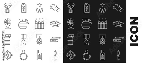 Set line Military knife, tank, Brass knuckles, rank, Hand grenade, Target sport, Airdrop box and Bullet icon. Vector