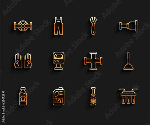 Set line Bottle for cleaning agent, Drain cleaner bottle, Industry pipe and valve, Toilet brush, Water filter, Pressure water meter, Rubber plunger and metallic icon. Vector