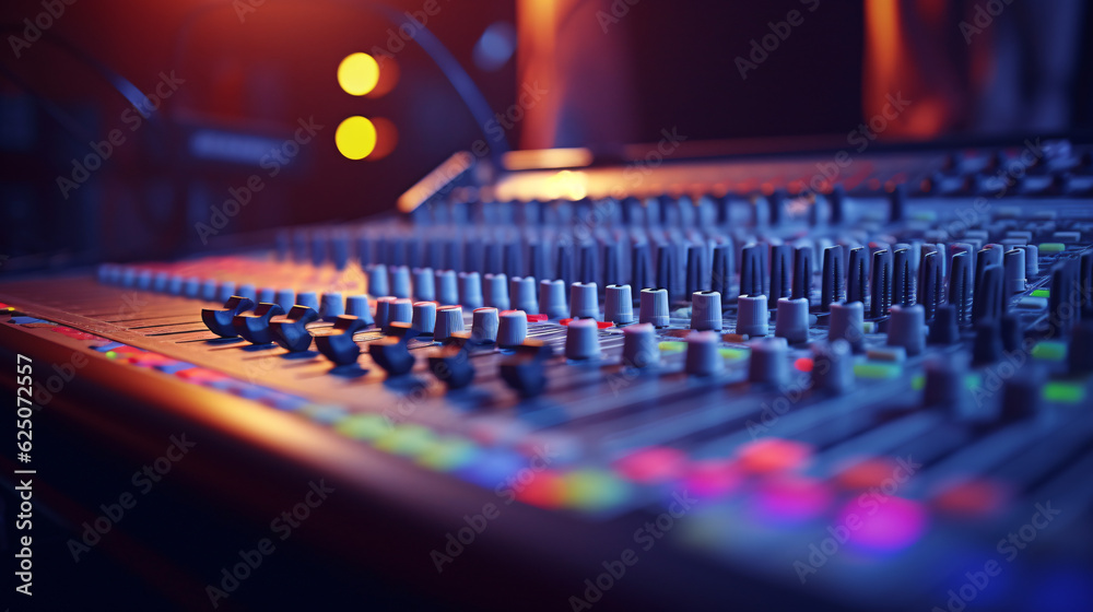 Audio mixing console in a streaming, live broadcast, or recording session. Channel faders close up. SIde view. shallow depth of field