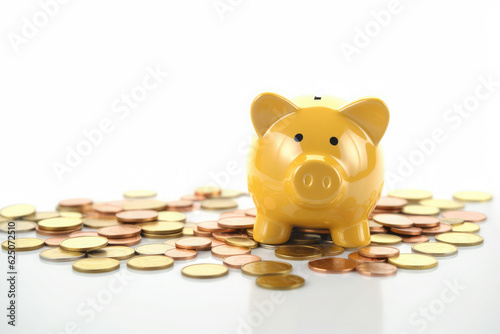 Golden piggy bank surrounded by coins. Finance and saving concept. 