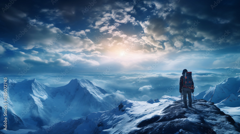The top of the world. An adventure mountain climbers at the summit of a high altitude mountain. Beautiful blue earth atmosphere background and snowy mountains