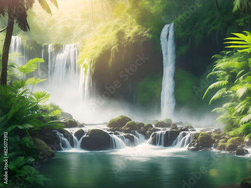 eautiful waterfall in the tropical forest with sunlight and blurred background. AI Generated