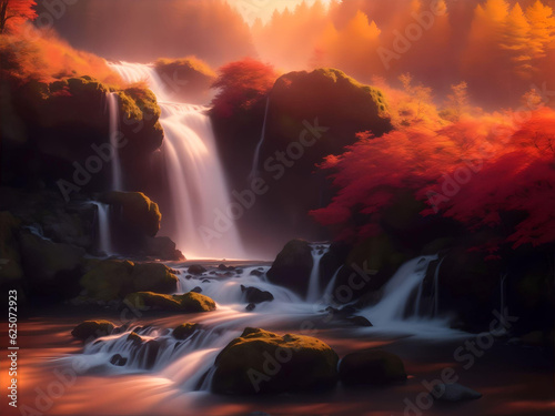 Waterfall in autumn forest at sunset,colorful nature background. AI Generated