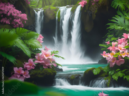 eautiful waterfall in the tropical forest with sunlight and blurred background. AI Generated