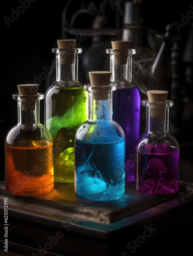 Colorful magical alchemy bottles and potions. Magic and witchcraft concept. Black background. 