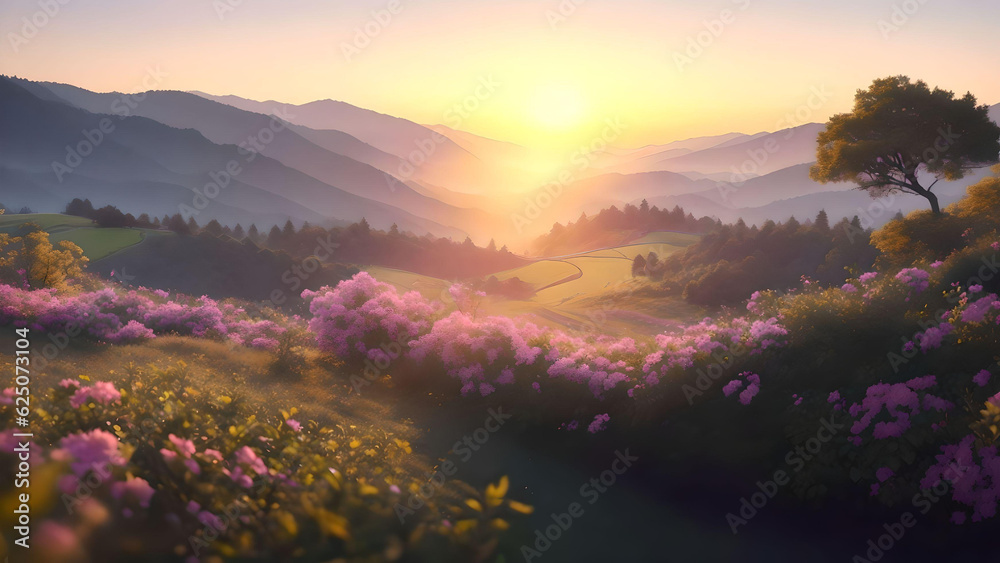 Beautiful spring landscape in the mountains. Sunrise over the meadow with flowers, AI Generated.