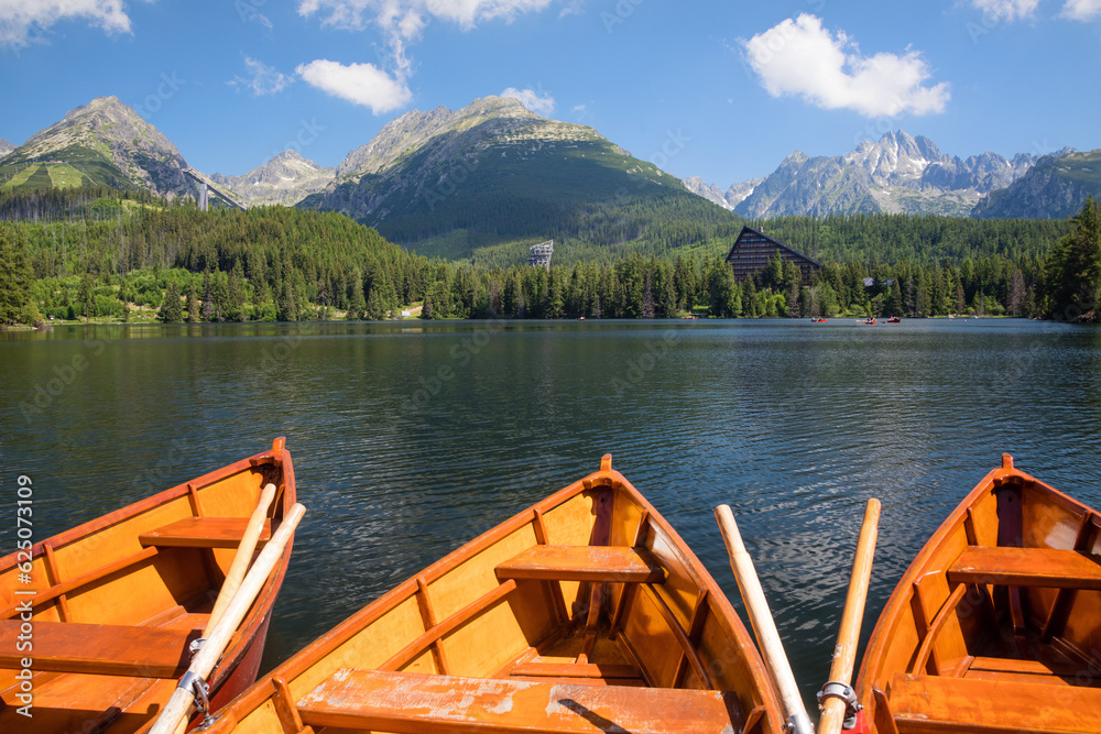 Rowing boats at Strbske Pleso Lake in the National Park High Tatras, Slovakia
