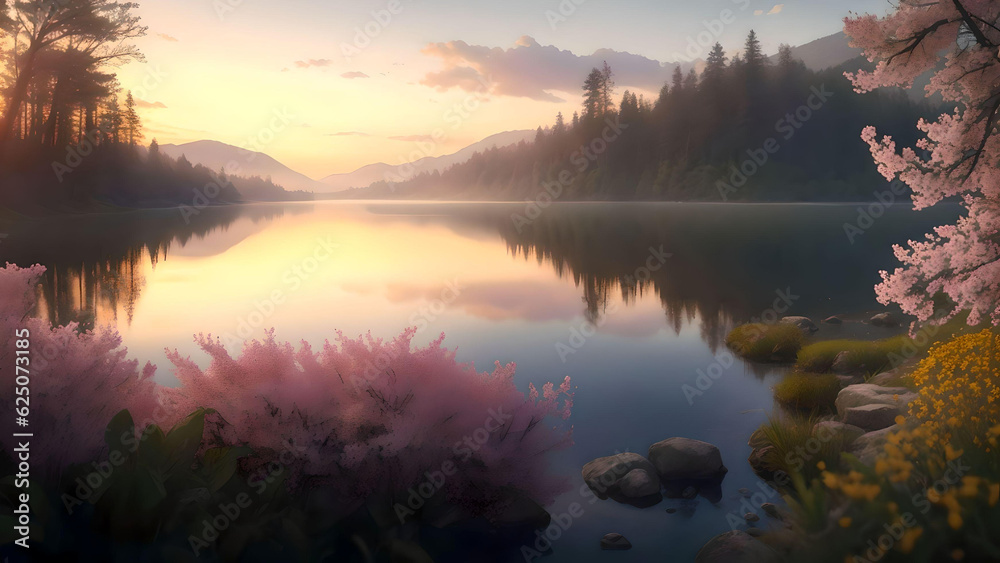 Beautiful autumn landscape lake in sunset. AI Generated.