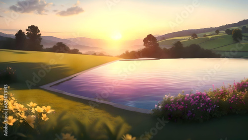 Swimming pool in the mountains at sunrise with wooden deck and sunlight. AI Generated.