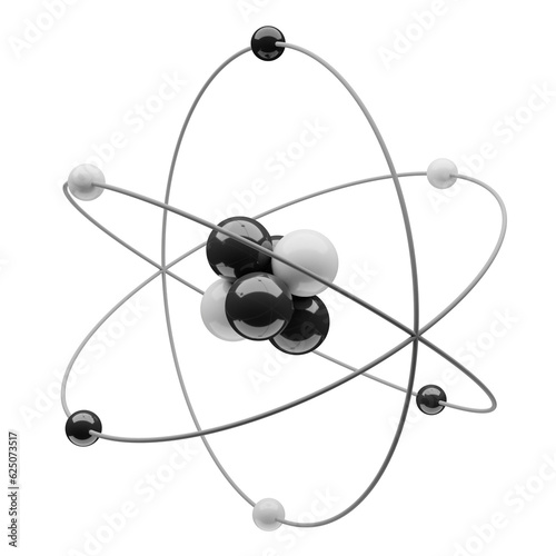 Scientific 3D model of an atom with nucleus, electrons, protons and neutrons orbiting in a circular path, isolated on transparent or white background