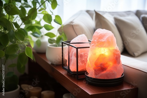 Himalayan Salt Lamp in a Cozy Minimalist style room. Himalayan Salt Lamp. Himalayan Salt. Lamp. Made With Generative AI.