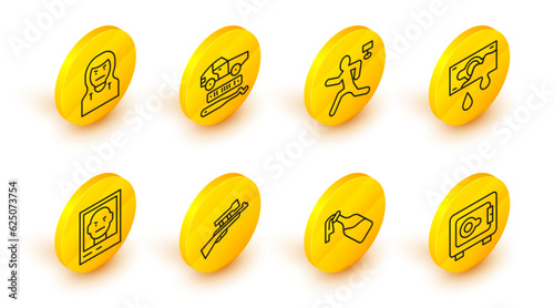 Set line Safe, Cocktail molotov, Sniper rifle with scope, Wanted poster, Bloody money, Murder, Car theft and Thief mask icon. Vector