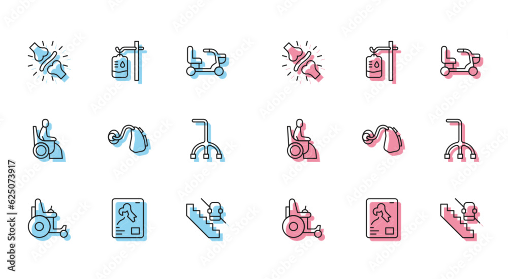 Set line Electric wheelchair, X-ray shots, Joint pain, knee pain, Disabled elevator, Hearing aid, Walking stick cane, Woman and IV bag icon. Vector