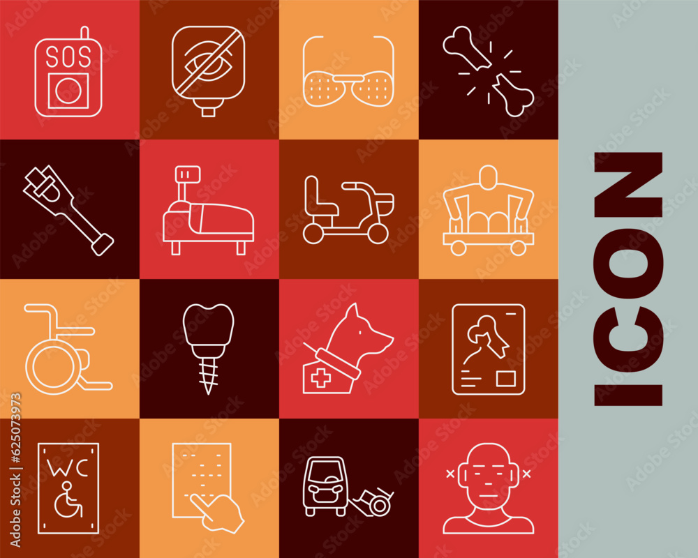 Set line Deaf, X-ray shots, Man without legs sitting wheelchair, Blind glasses, Hospital bed, Prosthesis, Press SOS button and Electric icon. Vector Set line Deaf, X-ray shots, Man without legs sitting wheelchair, Blind glasses, Hospital bed, Prosthesis, Press SOS button and Electric icon. Vector