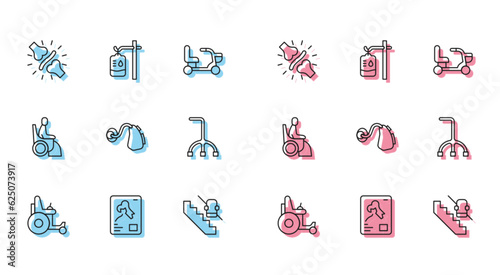 Set line Electric wheelchair, X-ray shots, Joint pain, knee pain, Disabled elevator, Hearing aid, Walking stick cane, Woman and IV bag icon. Vector