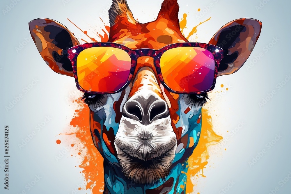 Colorful Giraffe Cartoon with Sunglasses on White Background. Generative AI