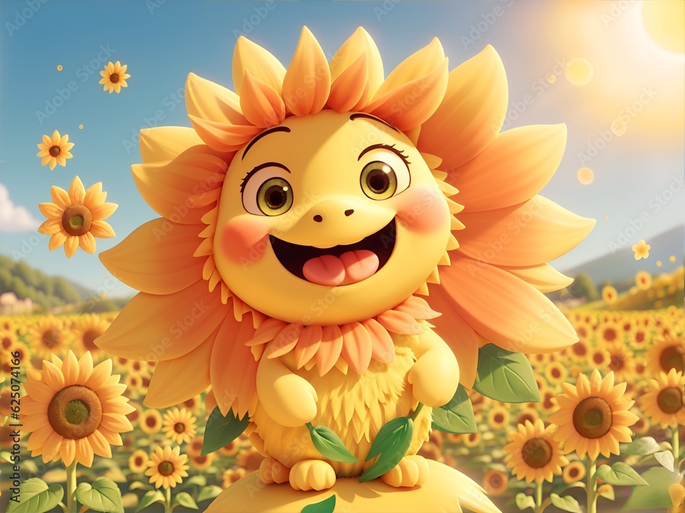 3d cartoon Happy Sunflower