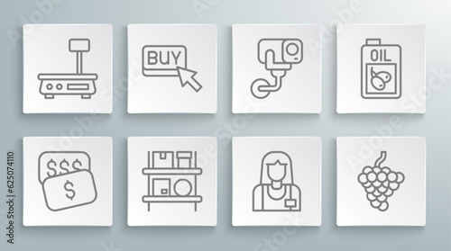 Set line New price tag dollar, Buy button, Warehouse interior with boxes, Seller, Grape fruit, Security camera, Bottle of olive oil and Electronic scales icon. Vector