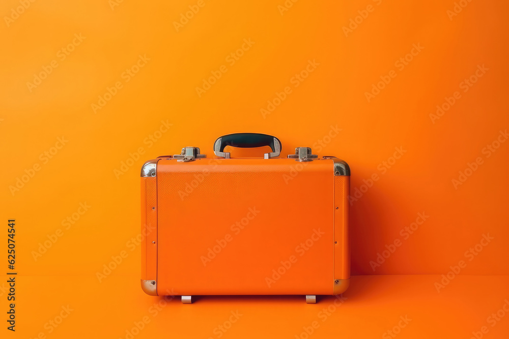 Retro orange suitcase isolated on an orange background. Travel concept. Frontal view Retro orange suitcase isolated on an orange background. Travel concept. Frontal view