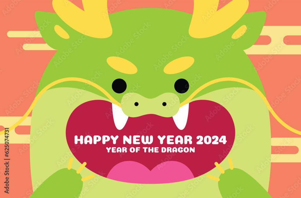 Naklejka premium Cute chinese dragon head with mouth open vector card. Year of the dragon 2024, closeup on chinese dragon mouth, lunar new year greetings cardvector with oriental style auspicious clouds.