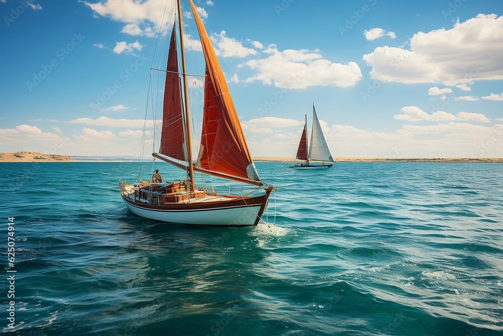 Sailing Team Beautiful Sailboats on Turquoise Sea. Generative AI