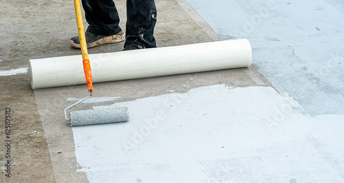Wallpaper Mural Hand painted gray flooring with paint rollers for waterproof, reinforcing net,Repairing waterproofing deck flooring.	          Torontodigital.ca