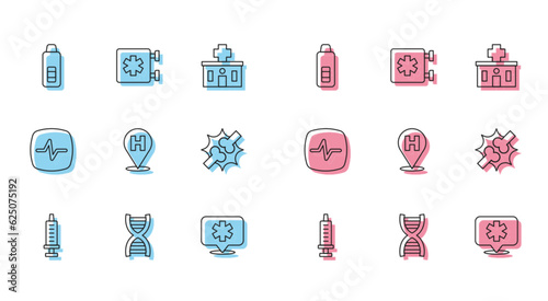 Set line Syringe, DNA symbol, Digital thermometer, Location hospital, Joint pain, knee pain, Heart rate and Emergency - Star of Life icon. Vector