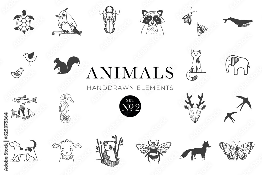 Fototapeta premium Animals handdrawn elements, Animal illustrations