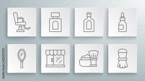Set line Hand mirror, Aftershave, Barbershop building, Shaving brush with foam, Bottle of shampoo, Oil bottle and chair icon. Vector