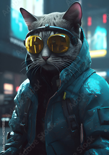 A cat is staring at the camera while donning a unique leather outfit and sunglasses. Cyberpunk background. © Much