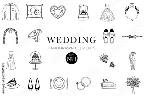 Wedding handdrawn elements set, wedding illustrations, collection
