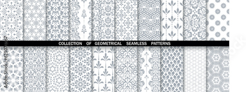 Geometric floral set of seamless patterns. White and gray vector backgrounds. Damask graphic ornaments