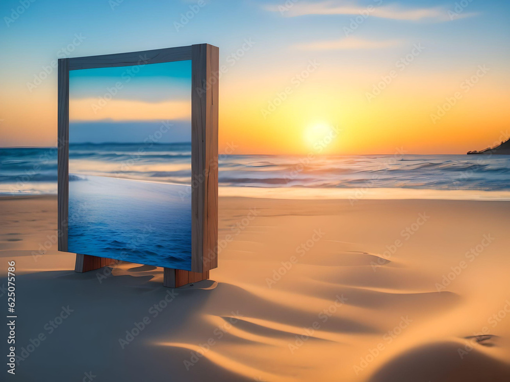 photo frame on summer beach over blurred blue sea. AI Generated. photo frame on summer beach over blurred blue sea. AI Generated.
